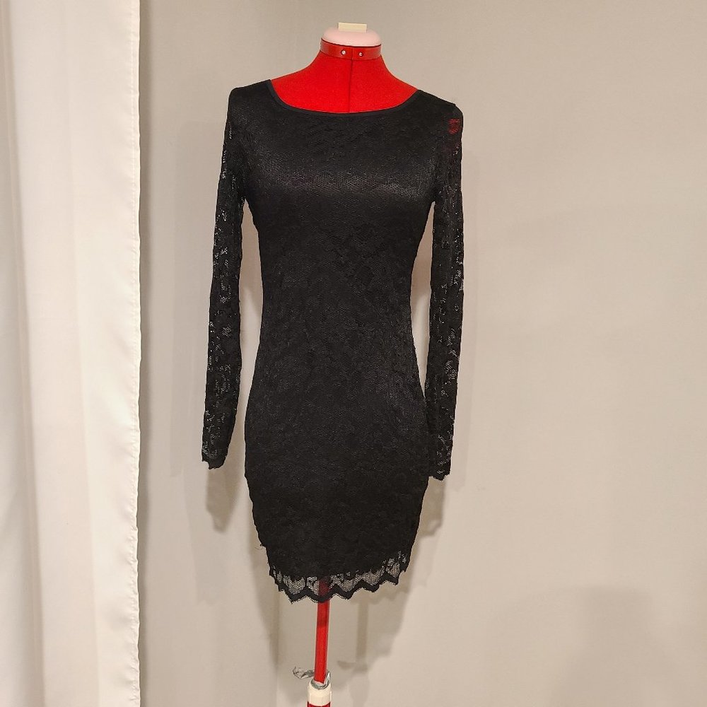 made2envy Lace Open Back 'Nude' See Through Bodycon Mini Dress (L, Black)